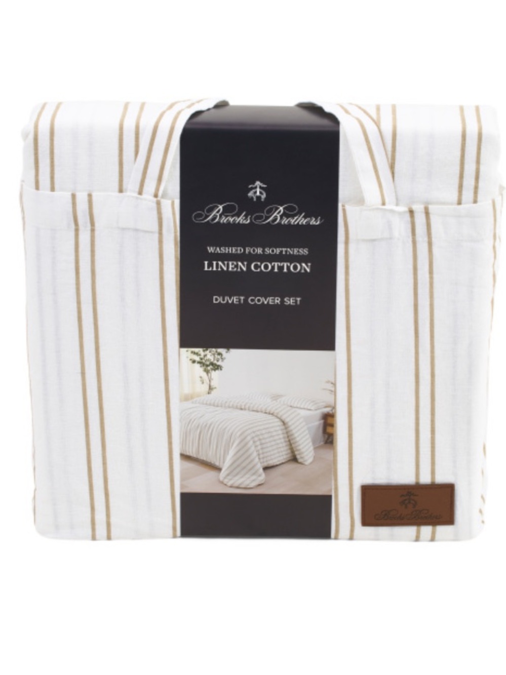 Brooks Brothers White and Tan Striped Linen-Cotton Duvet Cover Set